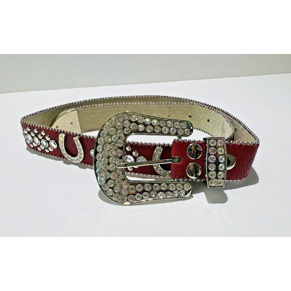 VINTAGE RED BLING WESTERN RHINESTONE CRYSTAL FASHION GENUINE LEATHER 36-37\